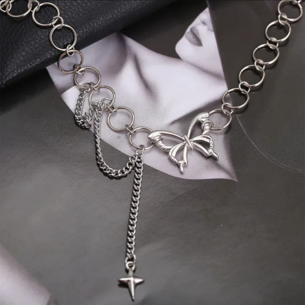 Butterfly Choker Pendant Drop Star Cross Round Chain Silvertone Boho 14"+ 2" ext - Picture 6 of 17
